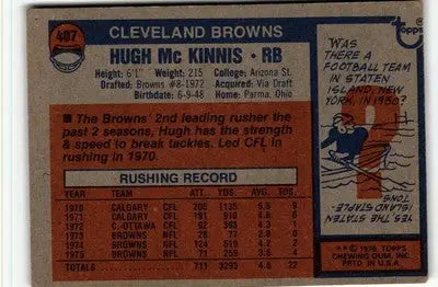 Vintage football card of Hugh Mckinnis from 1976 Topps #407 showcasing Hugh Mckinnis vintage and mckinnis vintage football