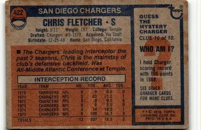 1976 Topps Chris Fletcher football card featuring San Diego Chargers player