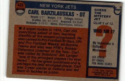 Vintage football card of Carl Barzilauskas from 1976 Topps #423 featuring Barzilauskas vintage football