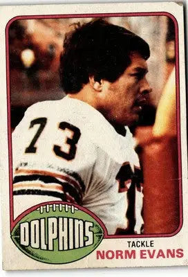Vintage Norm Evans football card from 1976 Topps series featuring Miami Dolphins player
