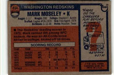 Vintage Mark Moseley football card from the 1976 Topps #494 series featuring Washington Redskins