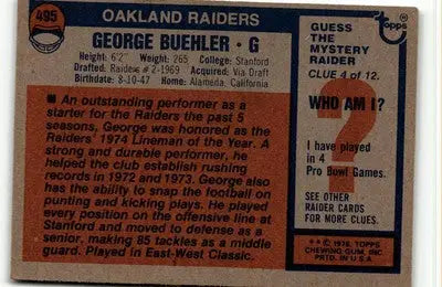 Vintage 1976 Topps George Buehler football card featuring Oakland Raiders collectible