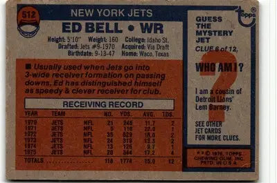 Vintage Ed Bell football card from 1976 Topps #512 featuring York Jets player