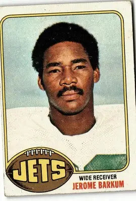 Football card of Jerome Barkum from the York Jets 1976 Topps series
