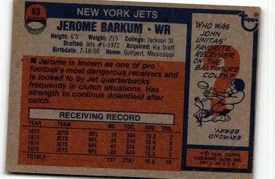 Vintage Jerome Barkum football card from the 1976 Topps #63 York Jets collection
