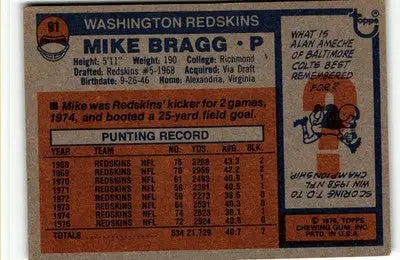 Vintage Mike Bragg football card from 1976 Topps #91 showcasing Mike Bragg football memorabilia
