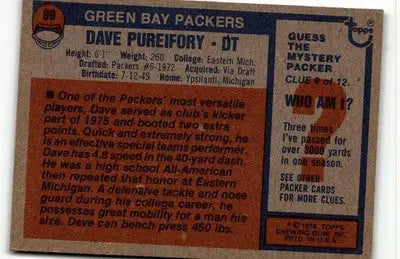 Vintage Dave Pureifory football card from 1976 Topps #99 featuring Green Bay Packers