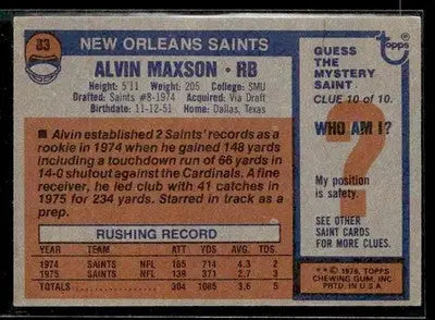 1976 Topps Alvin Maxson #83 RC New Orleans Saints - Football Card Single