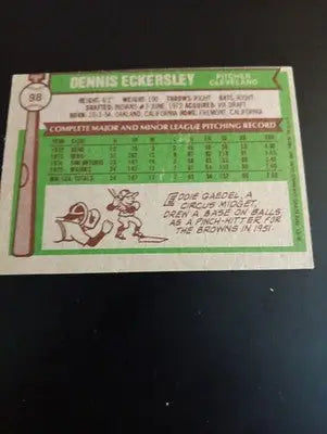 1976 Topps - Dennis Eckersley #98 (RC). Cleveland Indians. off center. EX - Baseball Card Single