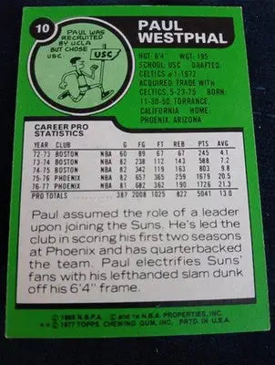 1977-78 Topps - Paul Westphal #10. Phoenix Suns. EX - EX+ - Basketball Card Single