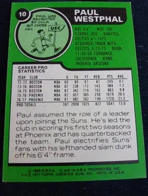 1977-78 Topps - Paul Westphal #10. Phoenix Suns. EX - EX+ - Basketball Card Single
