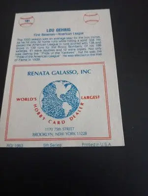 1977-84 TCMA Renata Galasso - Series 5 Lou Gehrig #181. NY Yankees. EX+ - Baseball Card Single