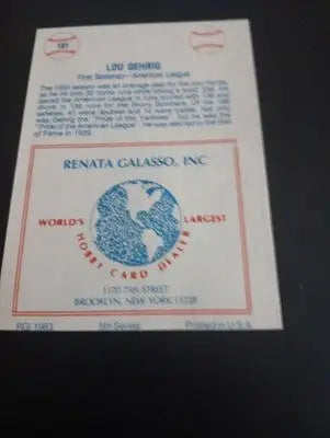 1977-84 TCMA Renata Galasso - Series 5 Lou Gehrig #181. NY Yankees. EX+ - Baseball Card Single