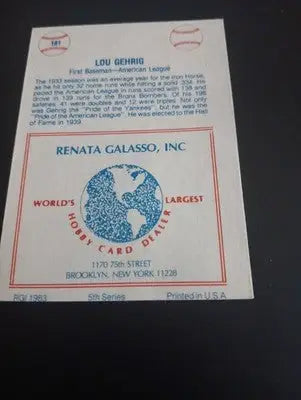 1977-84 TCMA Renata Galasso - Series 5 Lou Gehrig #181. NY Yankees. EX+ - Baseball Card Single