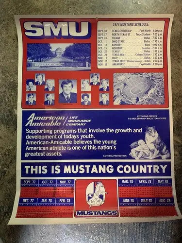 1977 SMU Mustangs Game Schedule Football Poster Ron Meyer American Amicable Life - Sports Memorabilia