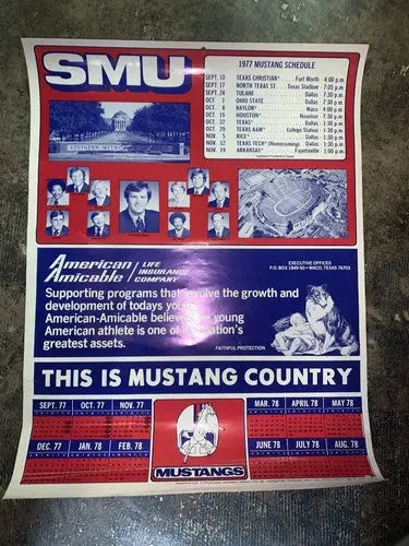 1977 SMU Mustangs Game Schedule Football Poster Ron Meyer American Amicable Life - Sports Memorabilia