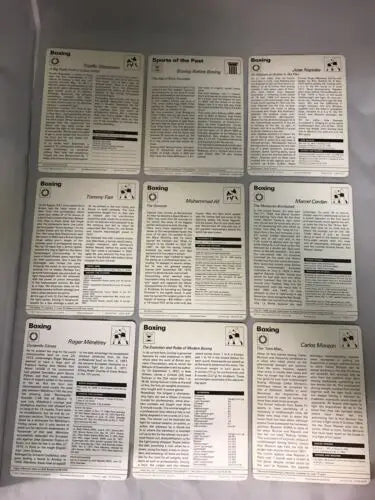 Nine boxing-themed cards from the 1977 Sportscaster Boxing Lot featuring Muhammad Ali Tommy Farr