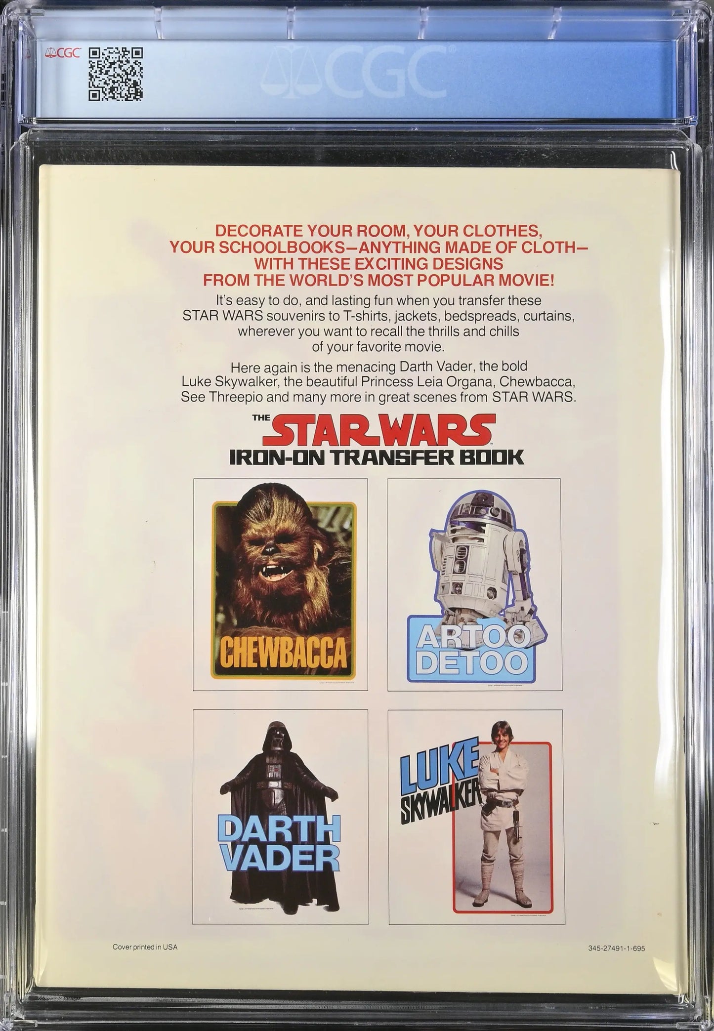 Star Wars Iron-On Transfer Book page with Chewbacca, R2-D2, Darth Vader, and Luke Skywalker
