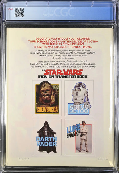 Star Wars Iron-On Transfer Book page with Chewbacca, R2-D2, Darth Vader, and Luke Skywalker
