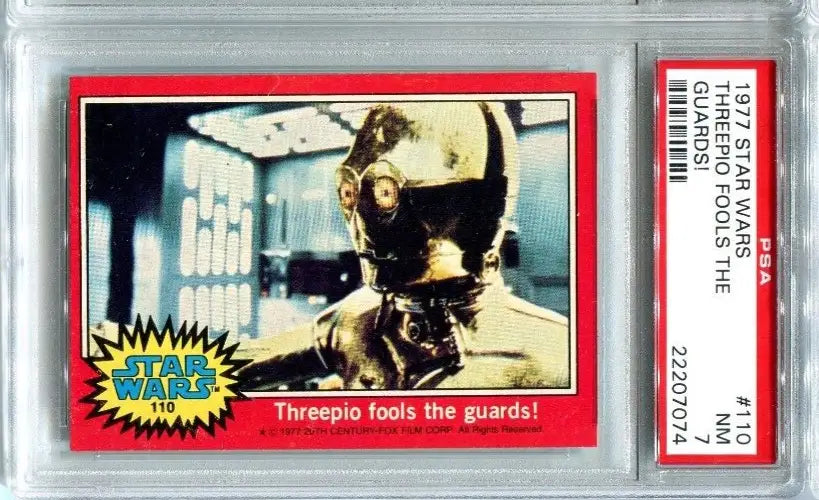 Graded 1977 Topps Star Wars Trading Card #110 Threepio Fools the Guards PSA 7