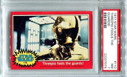 Graded 1977 Topps Star Wars Trading Card #110 Threepio Fools the Guards PSA 7