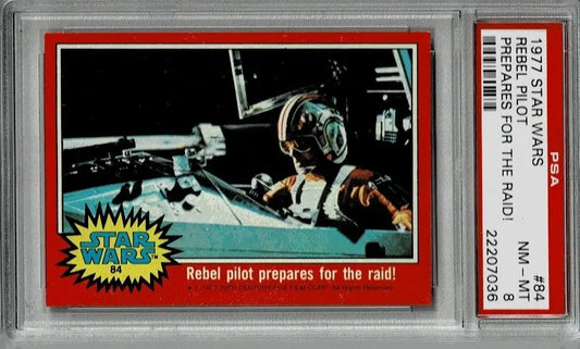 Graded Topps Star Wars trading card of Rebel Pilot Prepares for Raid PSA 8