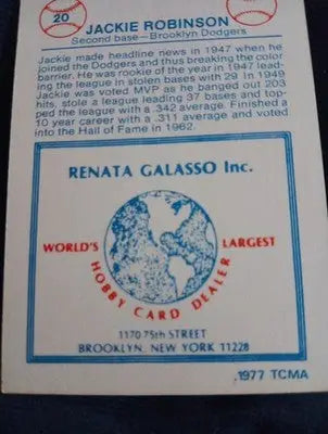 1977 - TCMA Renata Galasso - Jackie Robinson #20. Brooklyn Dodgers. EX+ - Baseball Card Single