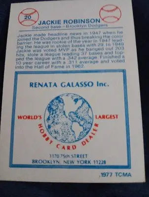 1977 - TCMA Renata Galasso - Jackie Robinson #20. Brooklyn Dodgers. EX+ - Baseball Card Single
