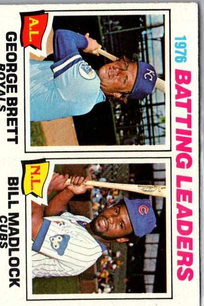 1976 Topps batting leaders card featuring George Brett and Bill Madlock celebrating their leadership