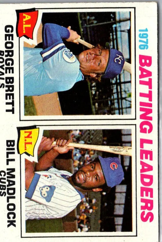 1976 Topps batting leaders card featuring George Brett and Bill Madlock celebrating their leadership