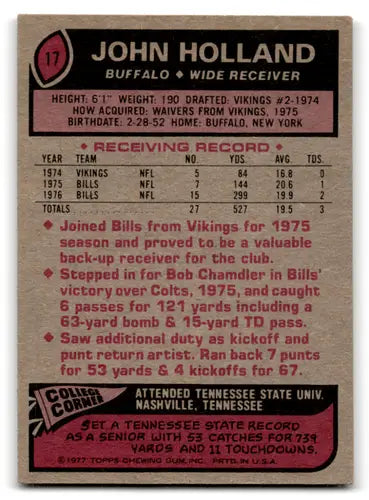 Original gloss of John Holland football card back from 1977 Topps Excellent Bills