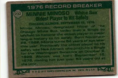 Vintage 1977 Topps Minnie Minoso baseball card featuring Chicago White Sox player