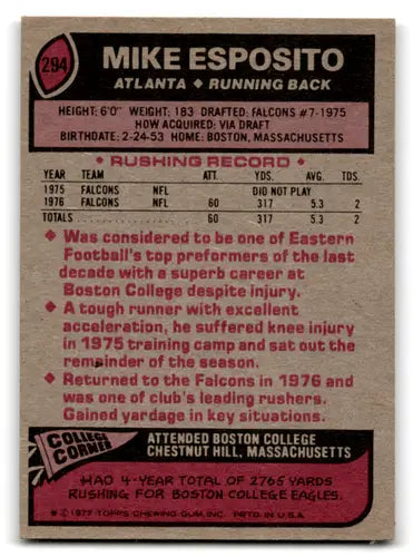 Original gloss Mike Esposito football card from 1977 Topps featuring Excellent Falcons facial image