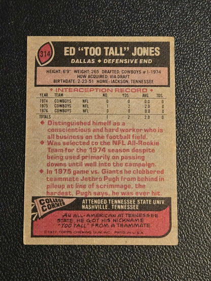 Vintage American football trading card of Tall Jones from 1977 Topps #314