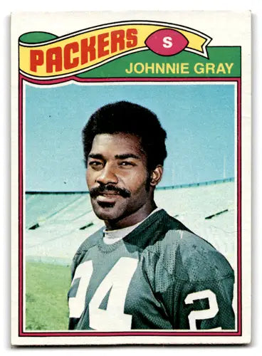 Johnnie Gray football card from 1977 Topps, good Packers, original gloss, VG condition