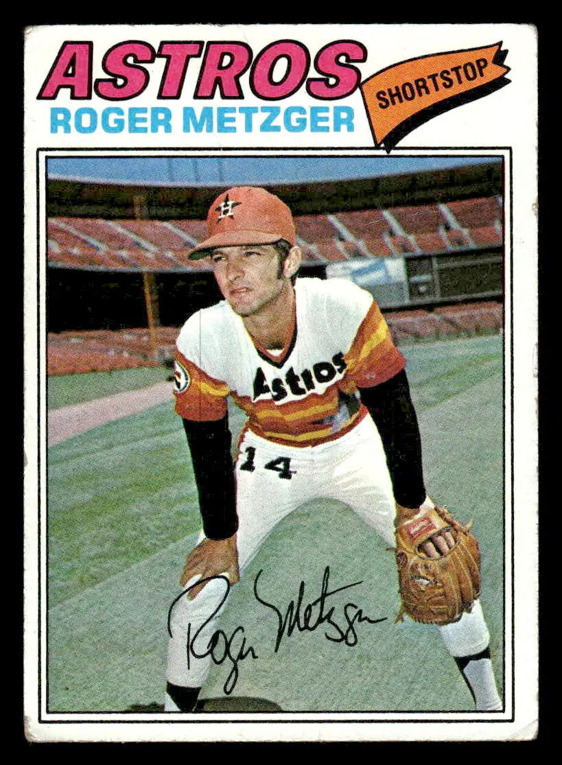 Vintage Roger Metzger baseball card from 1977 Topps featuring Houston Astros uniform