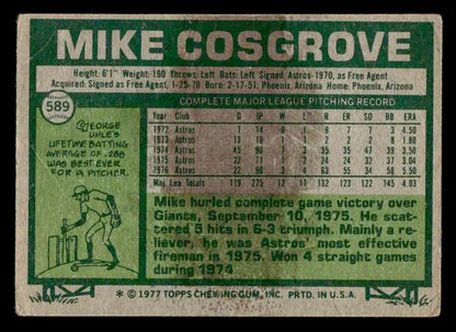Vintage Mike Cosgrove baseball card from 1977 Topps #589 featuring Mike Cosgrove