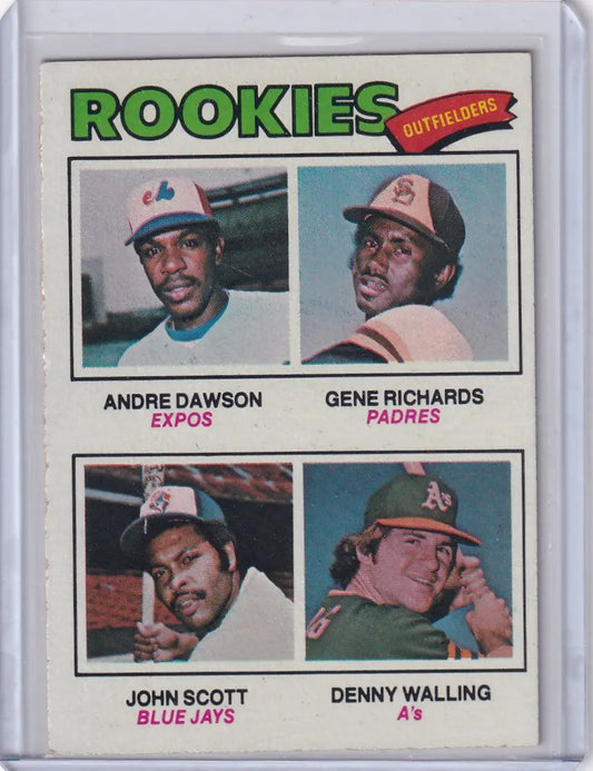 1977 Topps Baseball card featuring Andre Dawson rookie with Montreal Expos and fellow outfielders