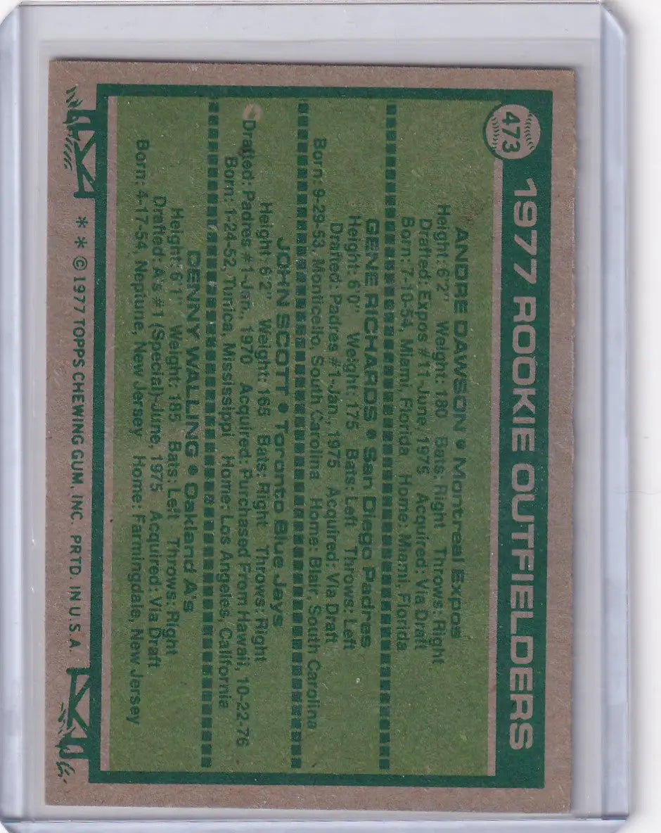 Vintage 1977 Topps Baseball card featuring Andre Dawson and rookie outfielders from the Montreal Expos