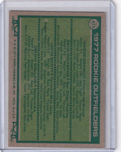 Vintage 1977 Topps Baseball card featuring Andre Dawson and rookie outfielders from the Montreal Expos