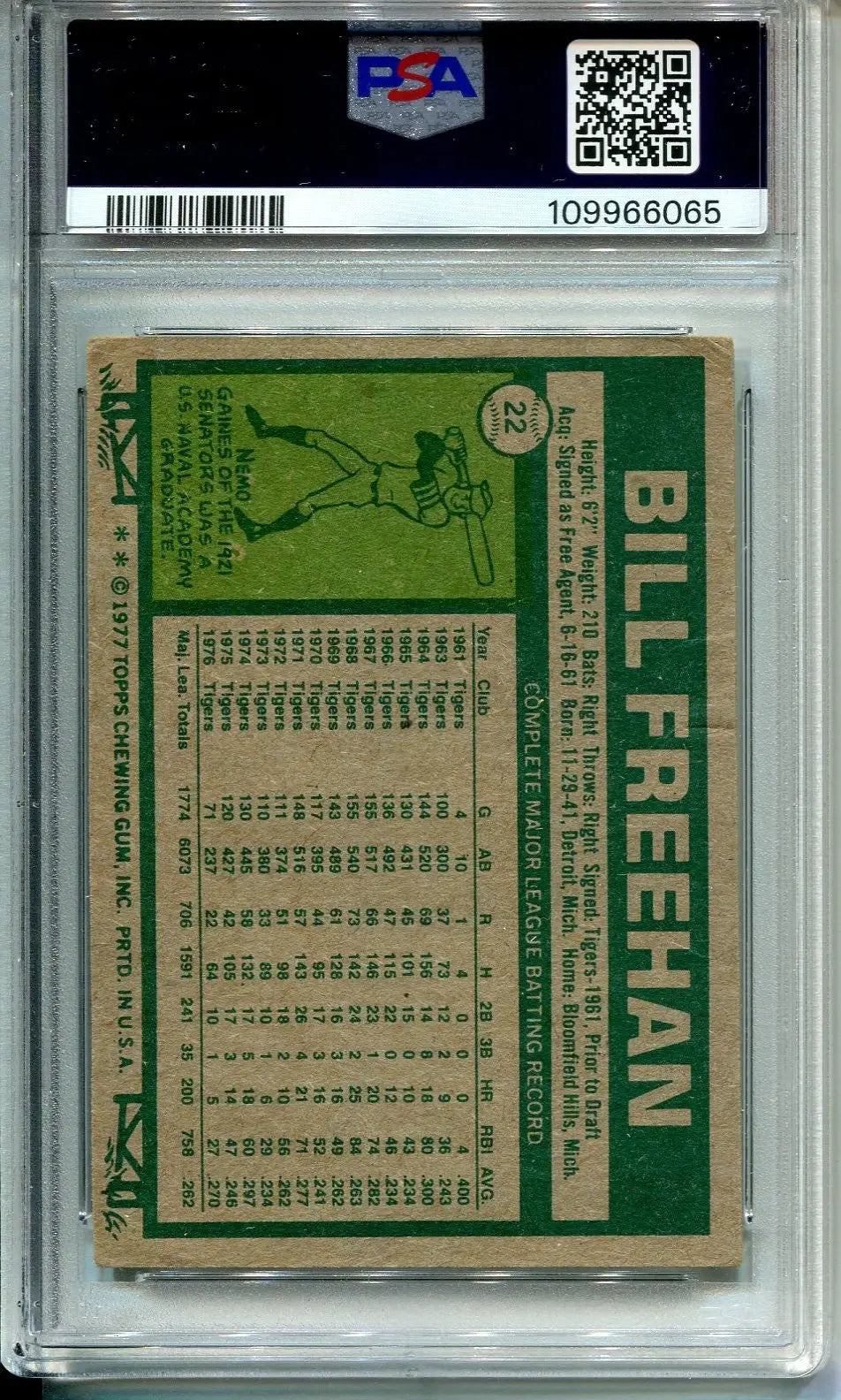 1977 Topps Bill Freehan #22 Signed Authentic Detroit Tigers PSA 2.5 DNA 8 Auto - Baseball Card Single