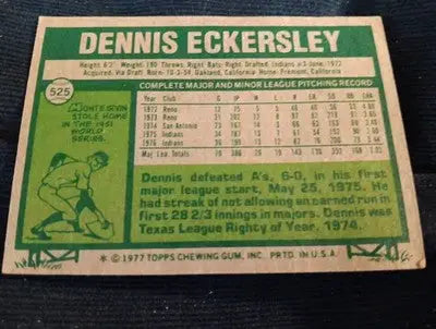 1977 Topps - Dennis Eckersley #525. Cleveland Indians. VG+ - EX - Baseball Card Single