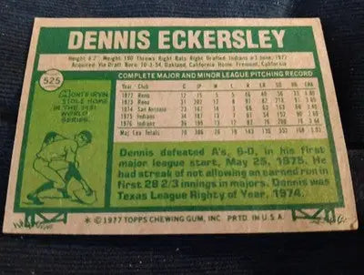 1977 Topps - Dennis Eckersley #525. Cleveland Indians. VG+ - EX - Baseball Card Single