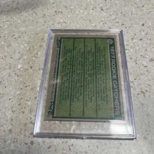 Encased 1977 Topps Rookie Catchers baseball card featuring Dale Murphy, Rick Cerone, Gary Alexander