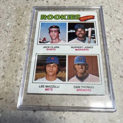 1977 Topps trading card featuring rookie outfielders Jack Clark, Lee Mazzilli, Ruppert Jones