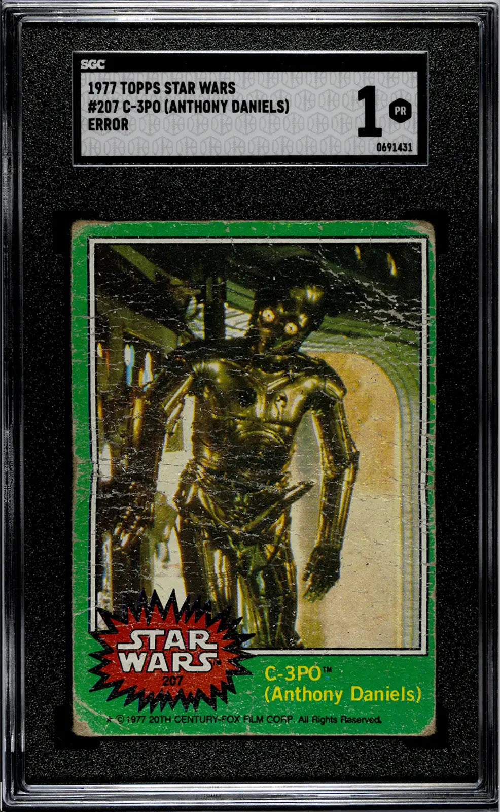 1977 TOPPS STAR WARS ANTHONY DANIELS C-3PO GOLDEN ROD ERROR CARD #207 SGC 1 - Star Wars Card Single
