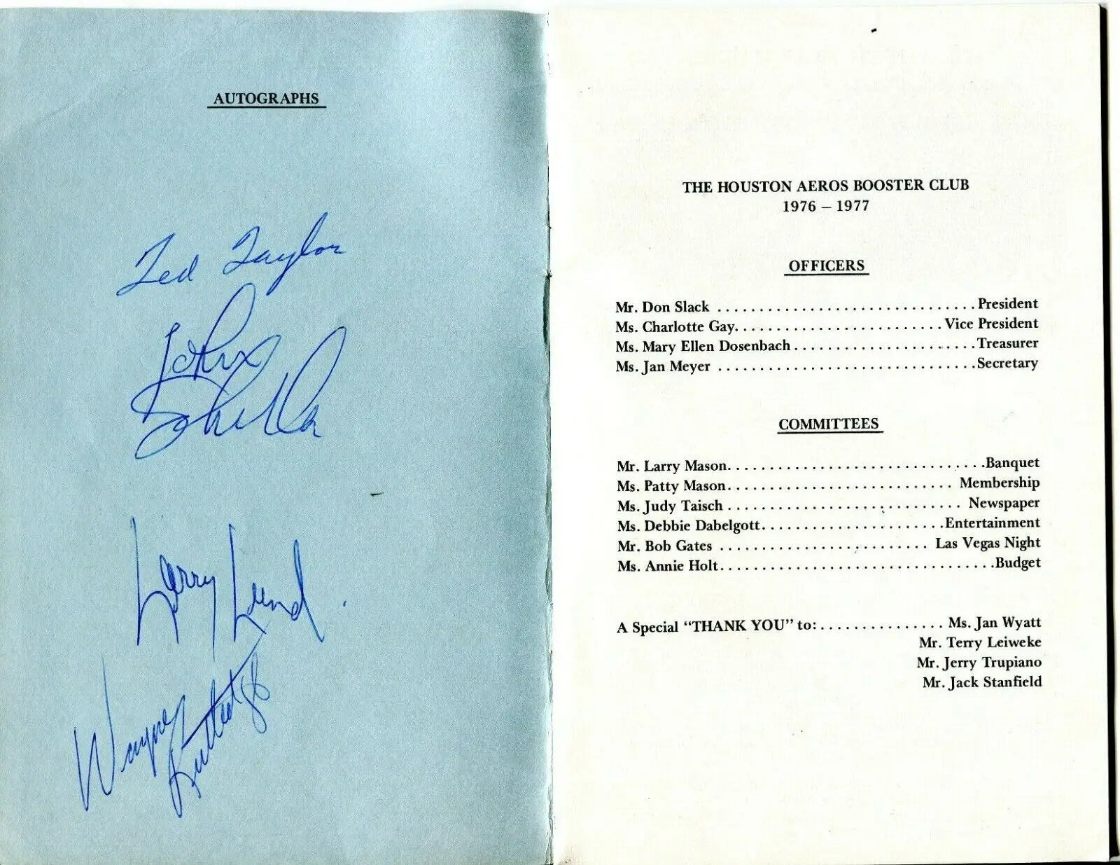 Autographed Houston Aeros Booster Club program featuring legends like Gordie Howe