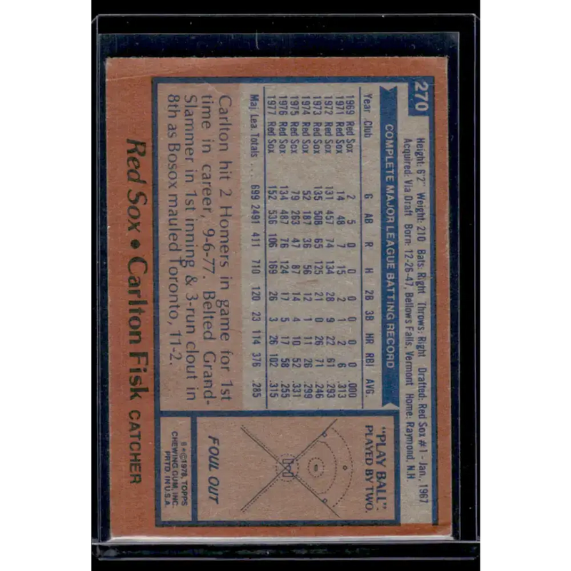 1978 Topps #270 Carlton Fisk EX Boston Red Sox Baseball Card - Baseball Card Single