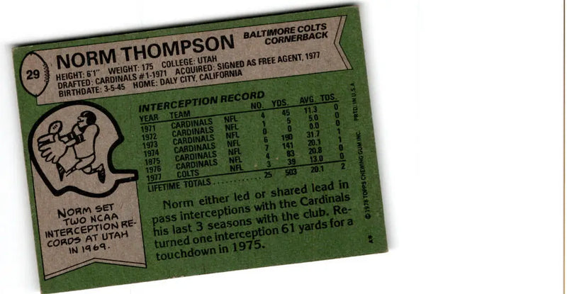 1978 Topps #29 Norm Thompson - Football Card Single