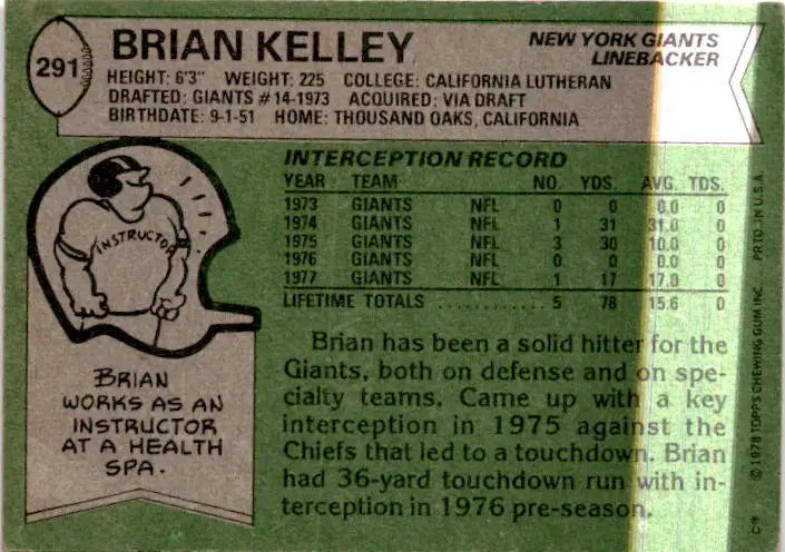 1978 Topps #291 Brian Kelley - Football Card Single